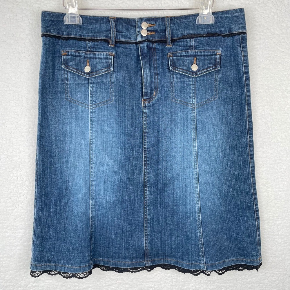Bandolino Blu Womens Denim Skirt Size 12 Blue Lace Trim A-Line Mid Wash Stretch